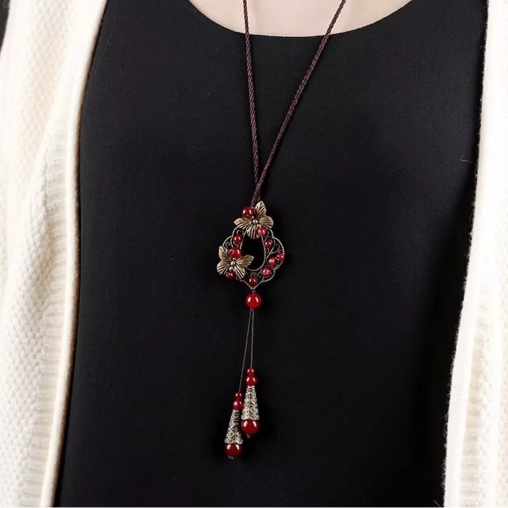 Long Ethnic necklace women's Copper Bowknot Vintage style necklace - Picture 4 of 6